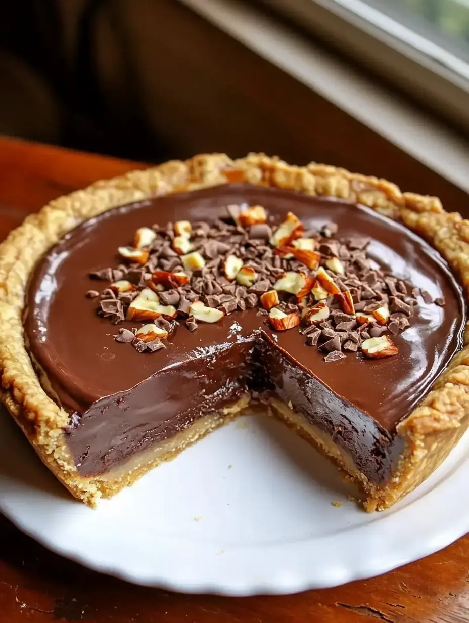 A chocolate pie with a sliced wedge, topped with chocolate shavings and chopped nuts, displayed on a white plate.