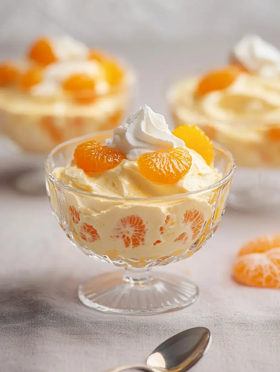 A creamy dessert is topped with whipped cream and mandarin orange segments, served in a glass bowl.