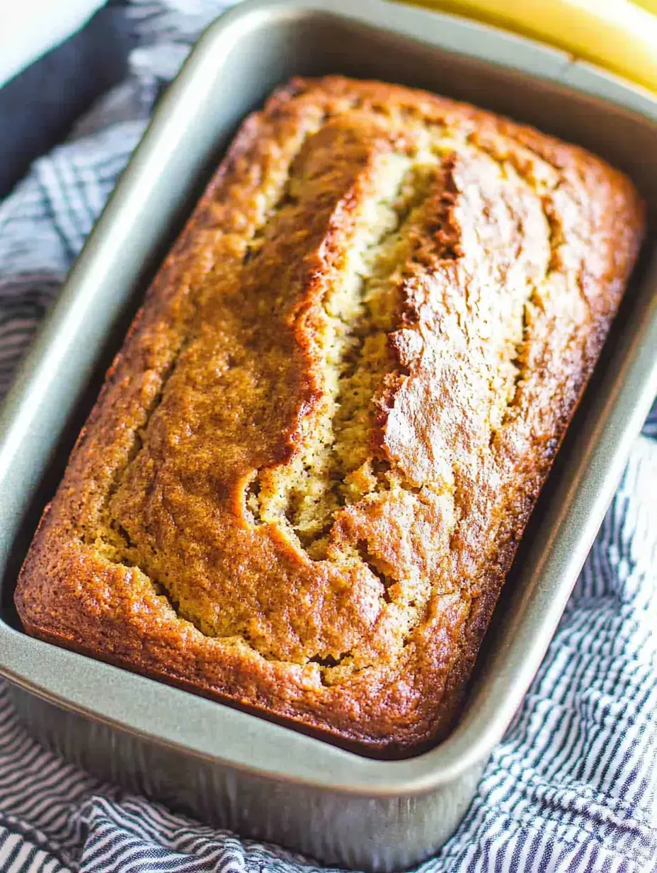 A freshly baked banana bread in a metal loaf pan, resting on a striped towel.