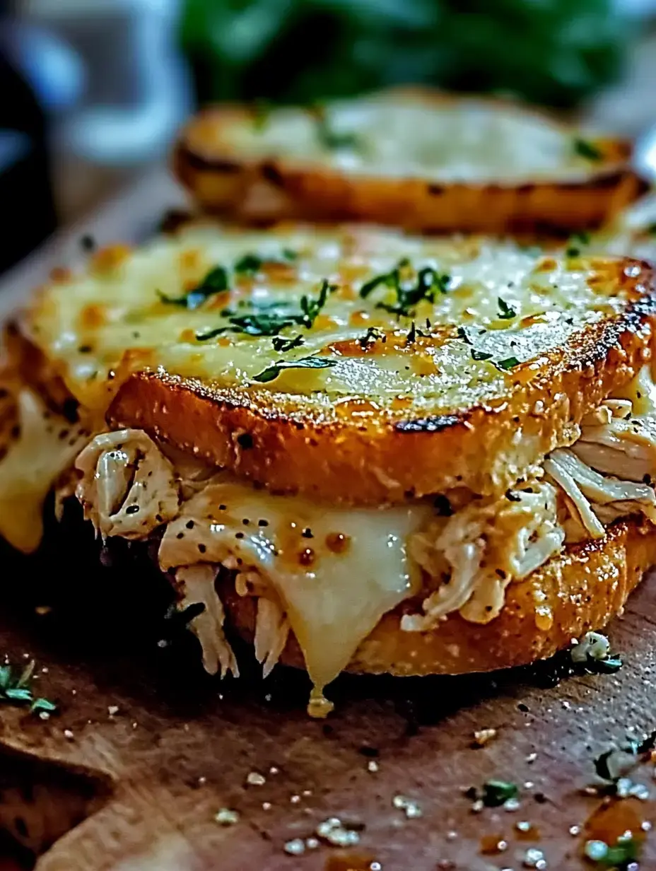 A delicious, melted cheese and shredded chicken sandwich, garnished with herbs, on a wooden cutting board.