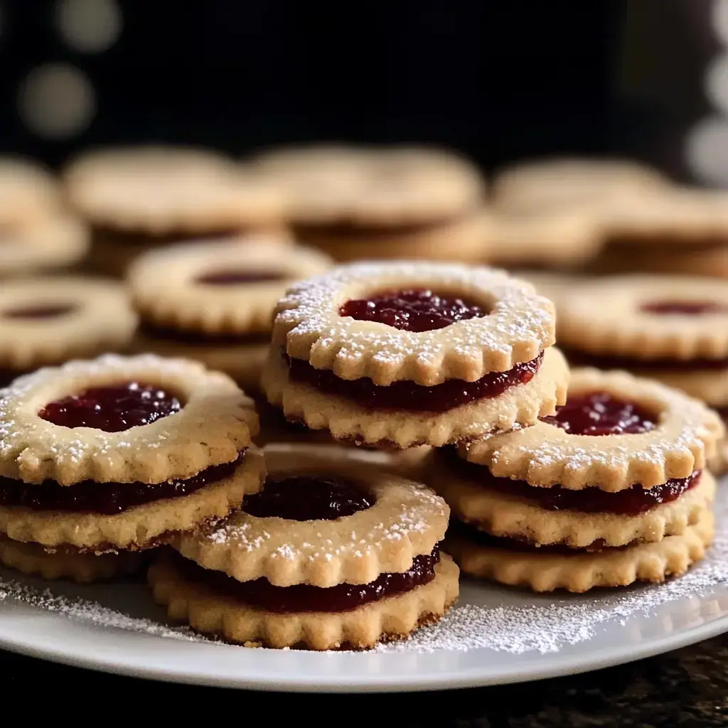 A close-up of stacked cookie sandwiches filled with red jam and dusted with powdered sugar on a white plate, with more cookies in the background.