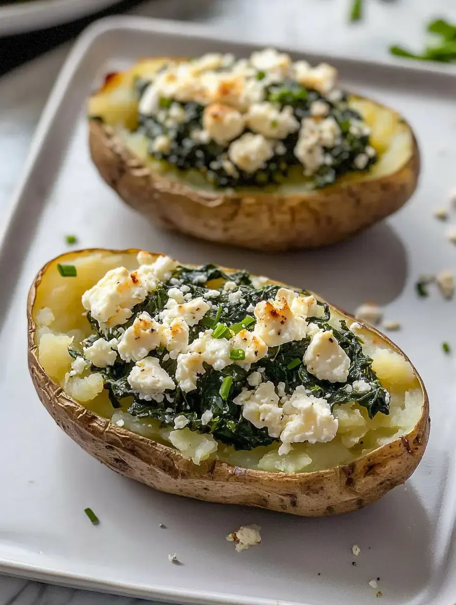 Two baked potato halves are filled with sautéed spinach and topped with crumbled feta cheese and chopped chives on a white plate.