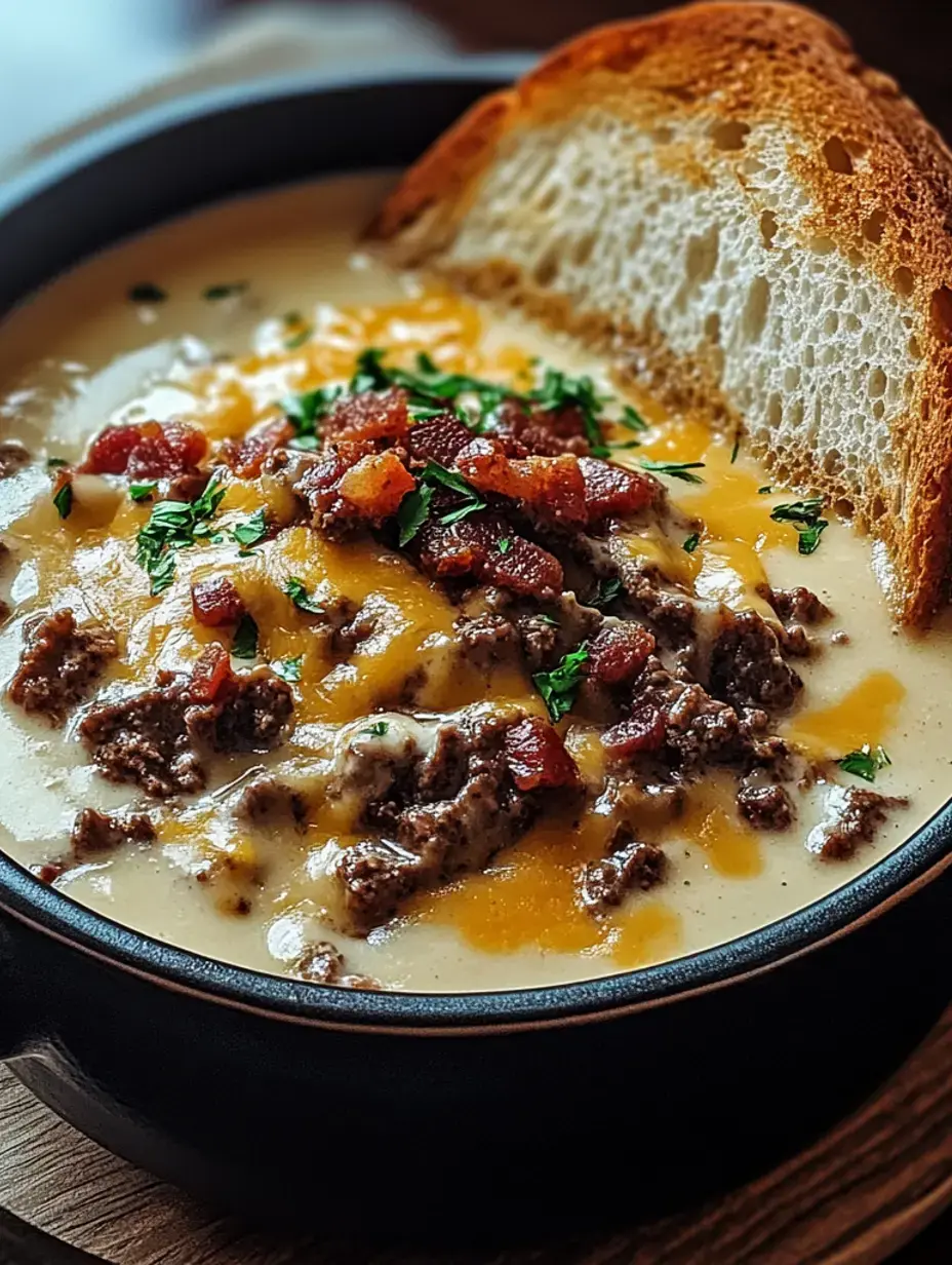 A bowl of creamy soup topped with cooked ground beef, cheese, bacon bits, and fresh herbs, accompanied by a slice of toasted bread.