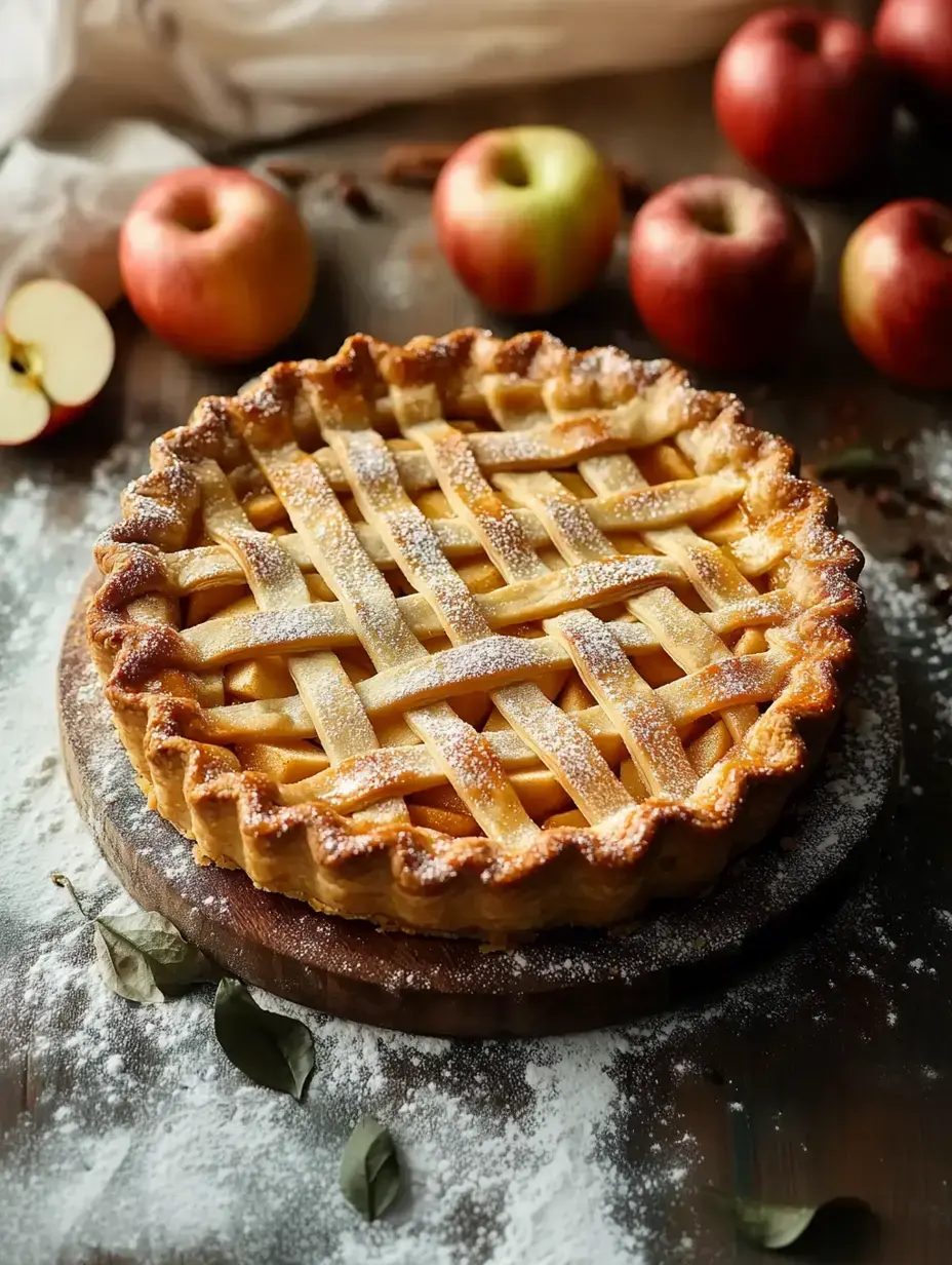 A freshly baked apple pie with a lattice crust sits on a wooden board, surrounded by whole apples and a dusting of flour.