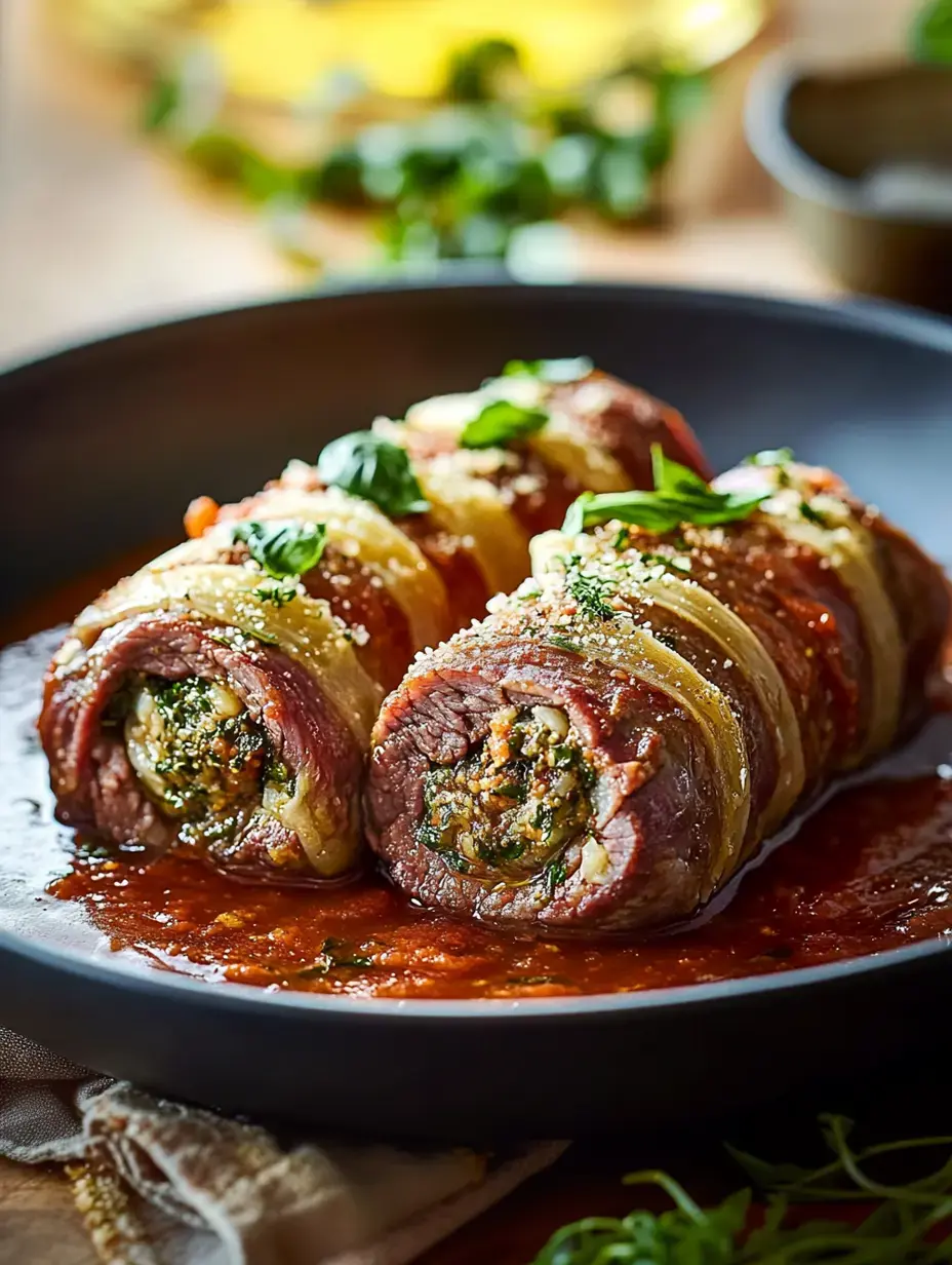 A close-up of two rolled beef dishes filled with herbs and spices, served in a flavorful sauce, garnished with chopped greens.