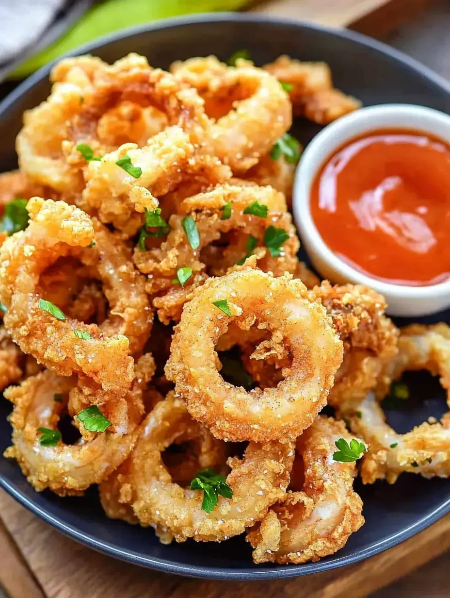 A plate of crispy, golden-brown fried calamari rings garnished with green parsley, served with a small dish of dipping sauce.