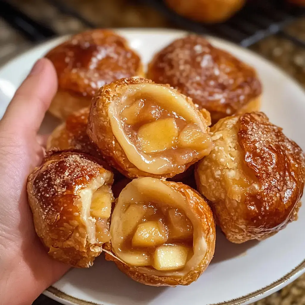 A hand holds a plate of golden-brown pastry puffs filled with apple filling.