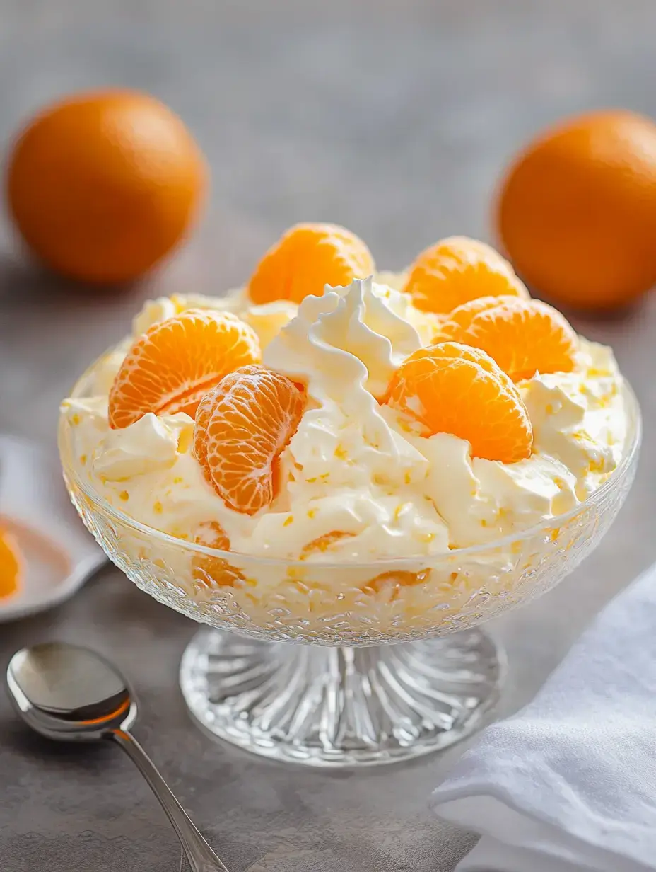 A clear glass bowl filled with whipped cream and mandarin orange segments, accompanied by whole oranges in the background.