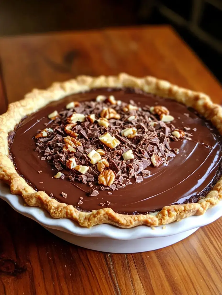 A chocolate pie topped with chopped nuts and chocolate shavings sits on a wooden table.