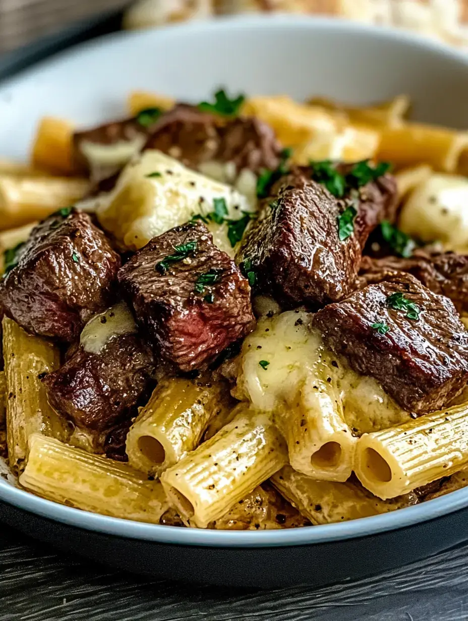 A close-up of a bowl of rigatoni pasta topped with tender chunks of beef and melted cheese, garnished with parsley.