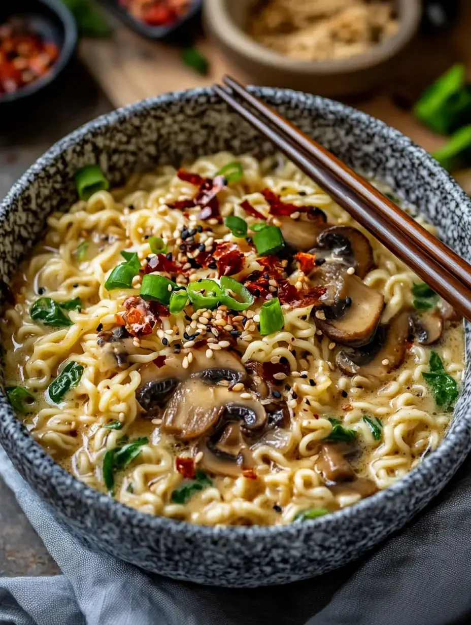 A close-up of a bowl of ramen noodles topped with sliced mushrooms, green onions, red chili flakes, and sesame seeds, with chopsticks resting on the side.