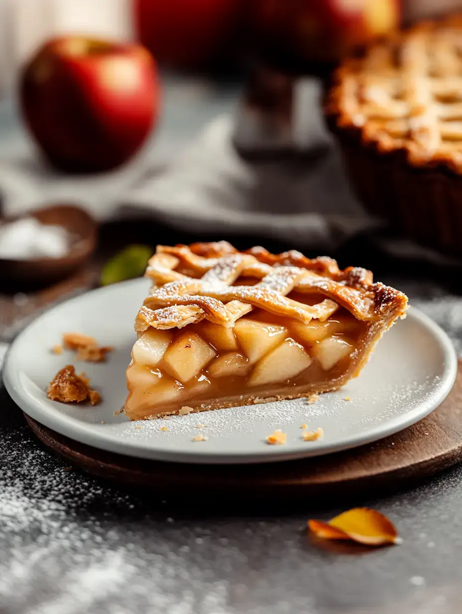 A slice of apple pie topped with a lattice crust, served on a white plate with apples and a bowl of sugar in the background.