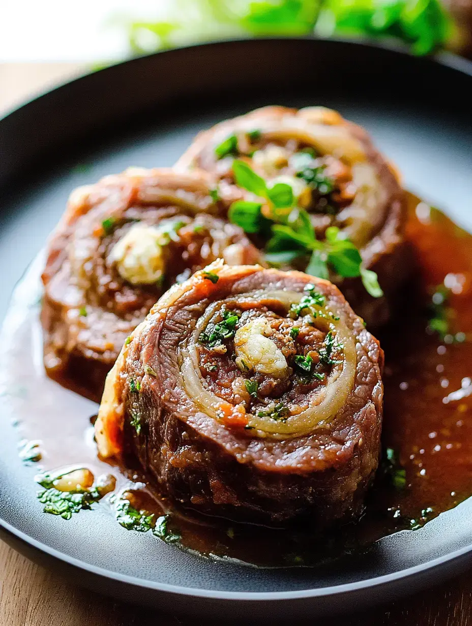 Three rolled, stuffed pieces of meat garnished with herbs and served in a savory sauce on a black plate.