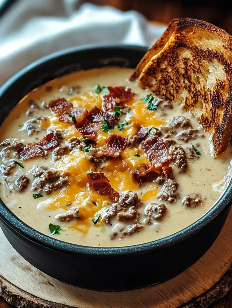 A creamy soup topped with ground beef, crispy bacon, shredded cheese, and garnished with parsley, accompanied by a slice of toasted bread.