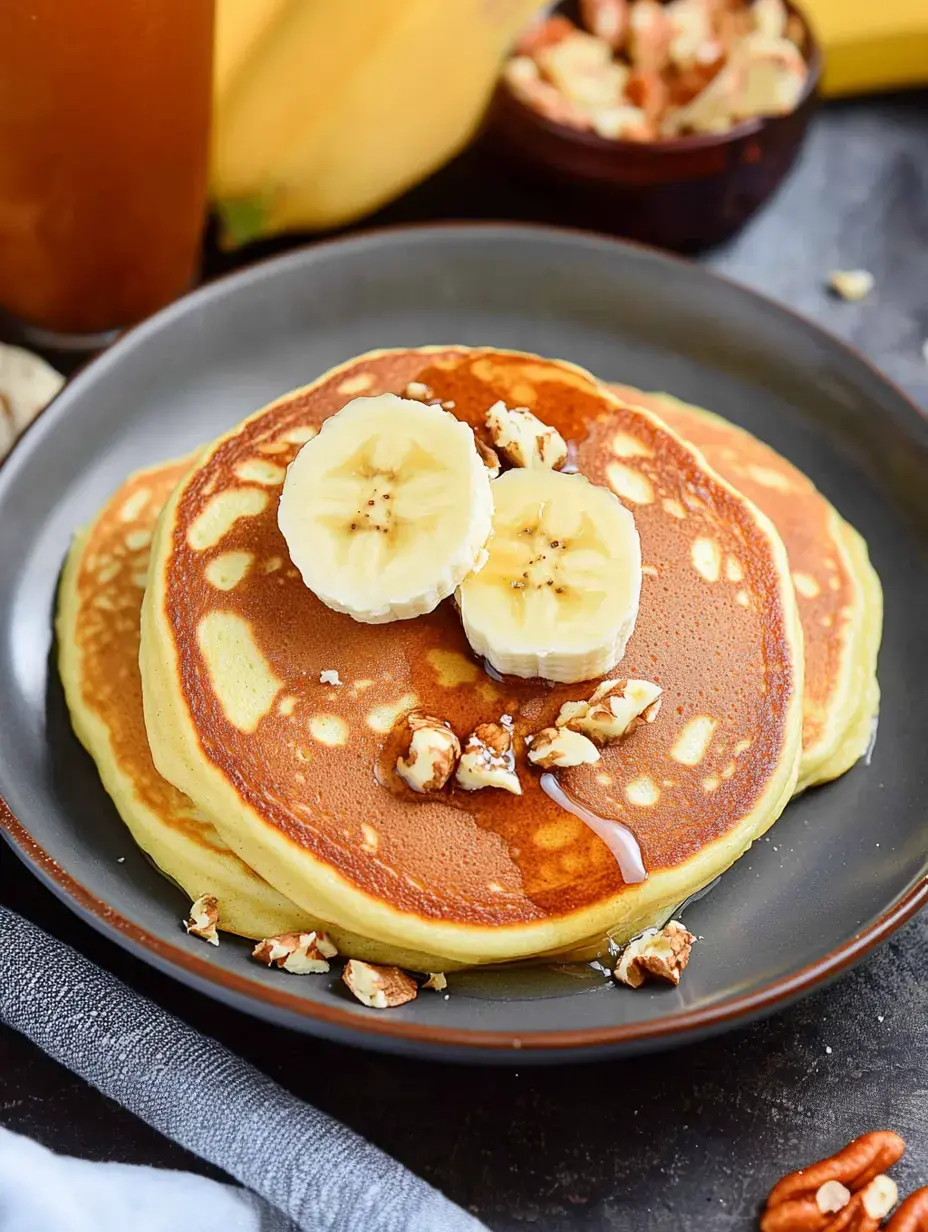 A close-up of a plate featuring two fluffy pancakes topped with banana slices and sprinkled with chopped nuts, accompanied by a glass of iced tea and a banana in the background.