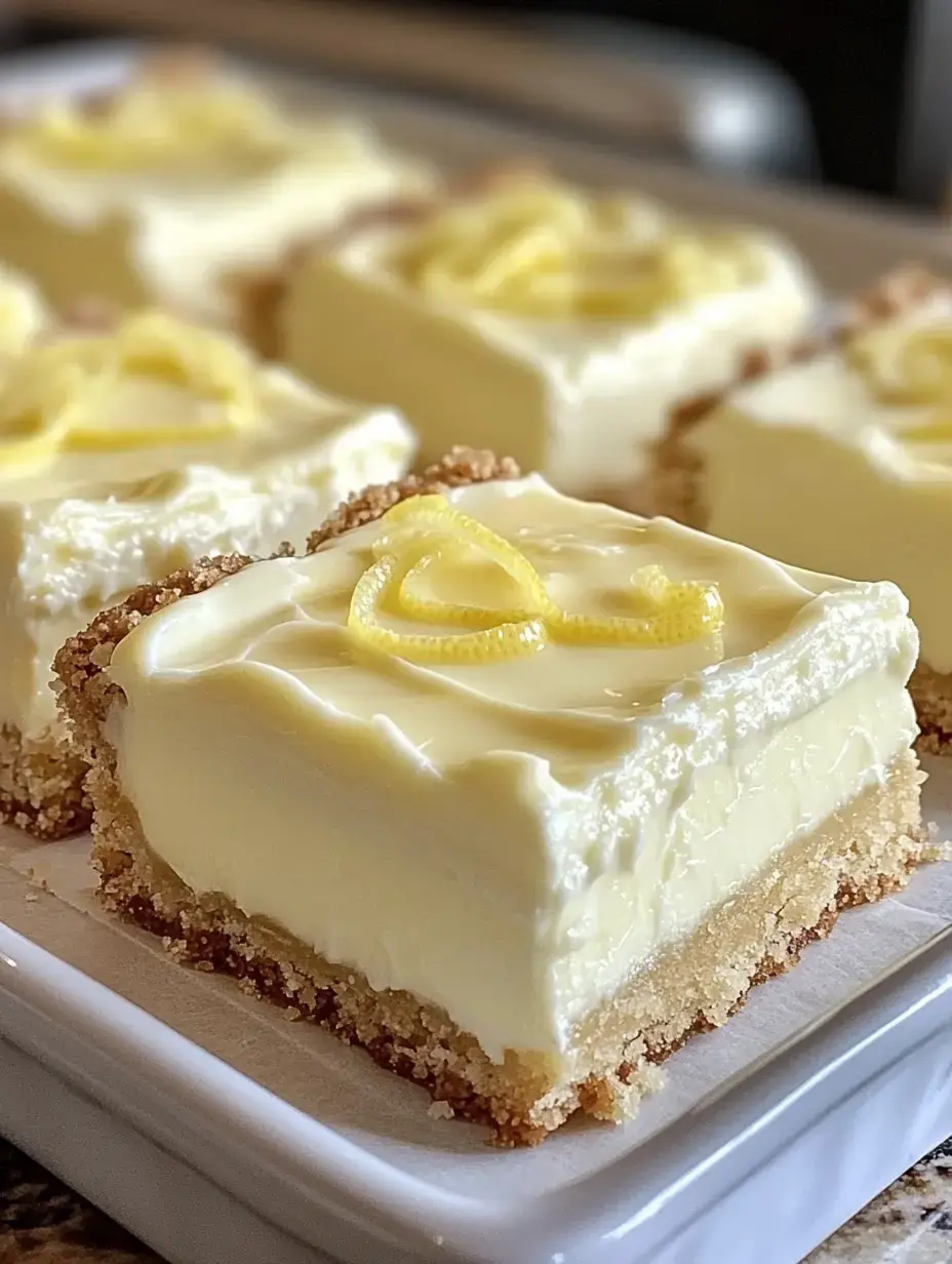 A close-up of a tray of lemon bars with a creamy filling and a graham cracker crust, garnished with thin lemon zest.