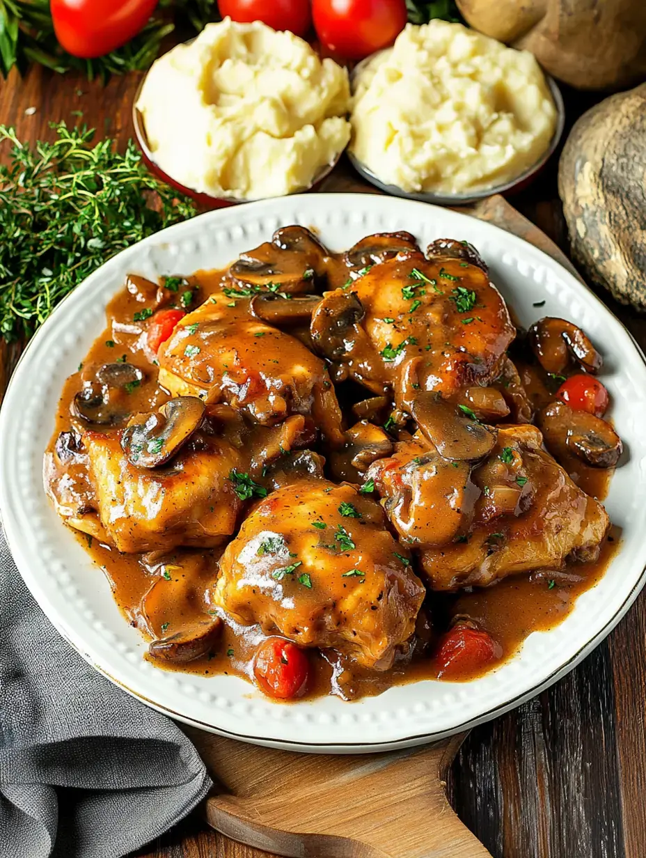 A plated dish of chicken thighs topped with mushroom gravy, cherry tomatoes, and herbs, served alongside mashed potatoes.