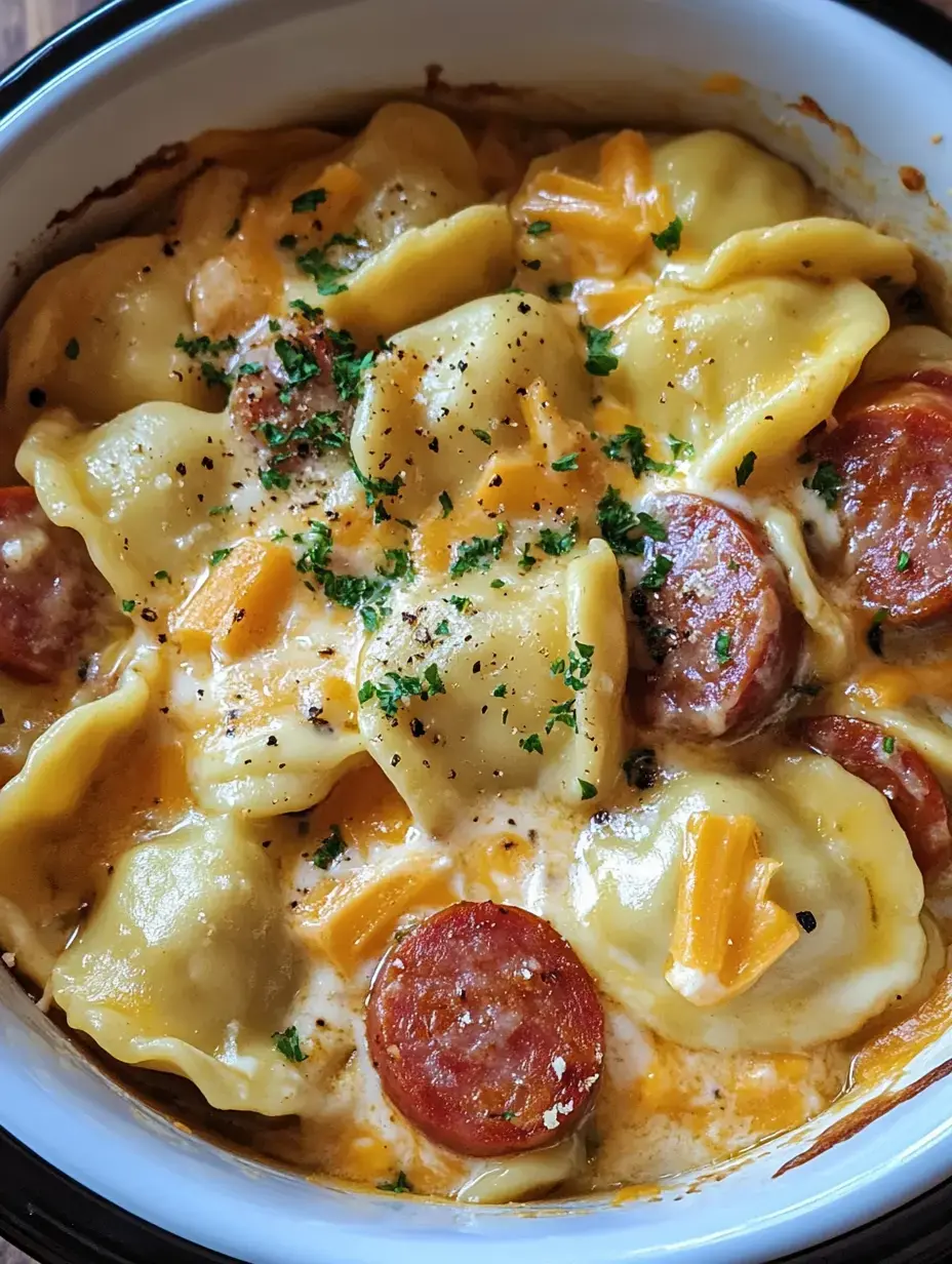 A creamy dish featuring ravioli, sliced pepperoni, and melted cheese, garnished with parsley.