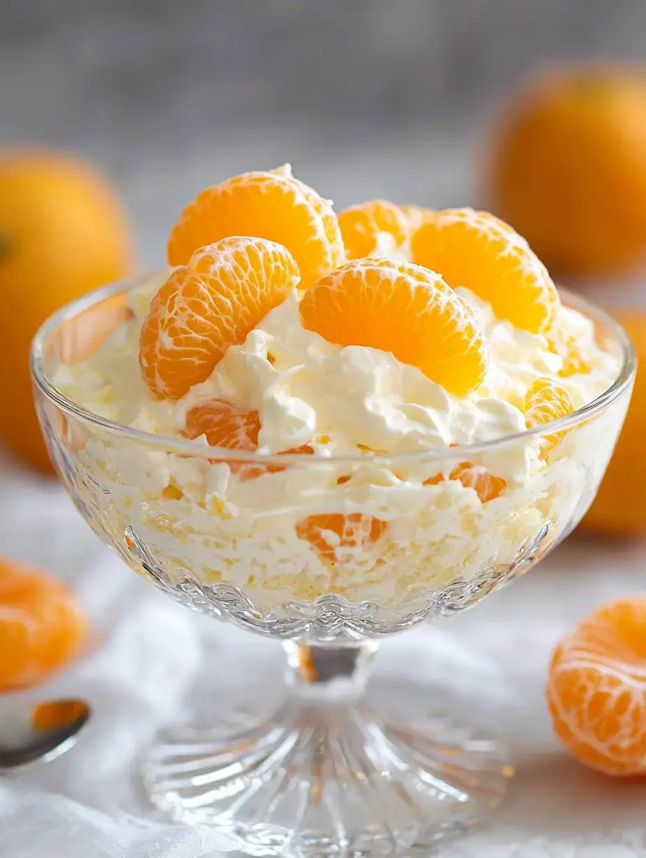 A glass bowl filled with whipped cream and topped with fresh orange segments, accompanied by whole oranges in the background.