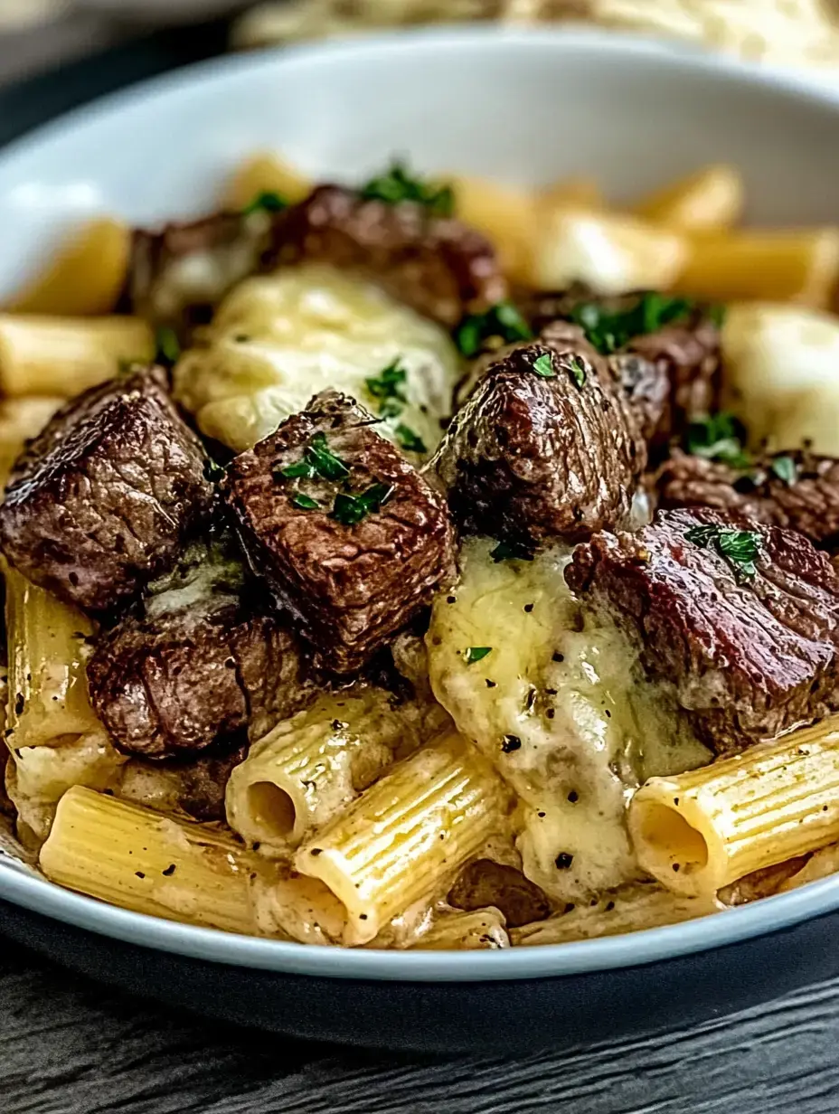 A close-up of a bowl filled with rigatoni pasta topped with tender beef chunks and melted cheese, garnished with fresh parsley.