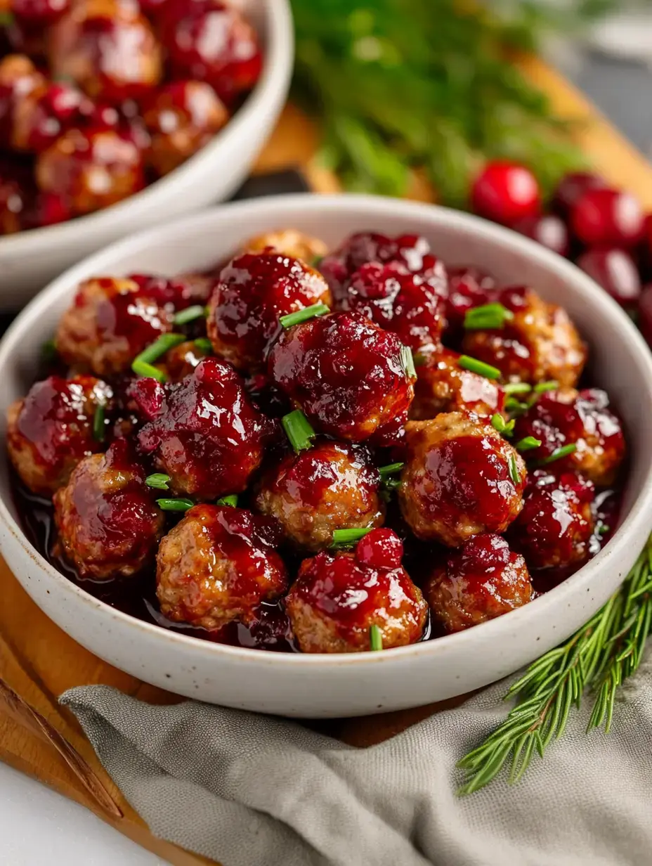 A close-up image of meatballs glazed in a red cranberry sauce, garnished with green chives, served in a shallow bowl on a wooden board.