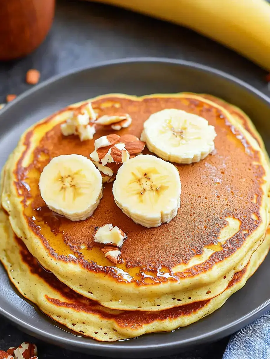 A stack of pancakes topped with sliced bananas and chopped almonds, drizzled with syrup, on a dark plate with a banana in the background.