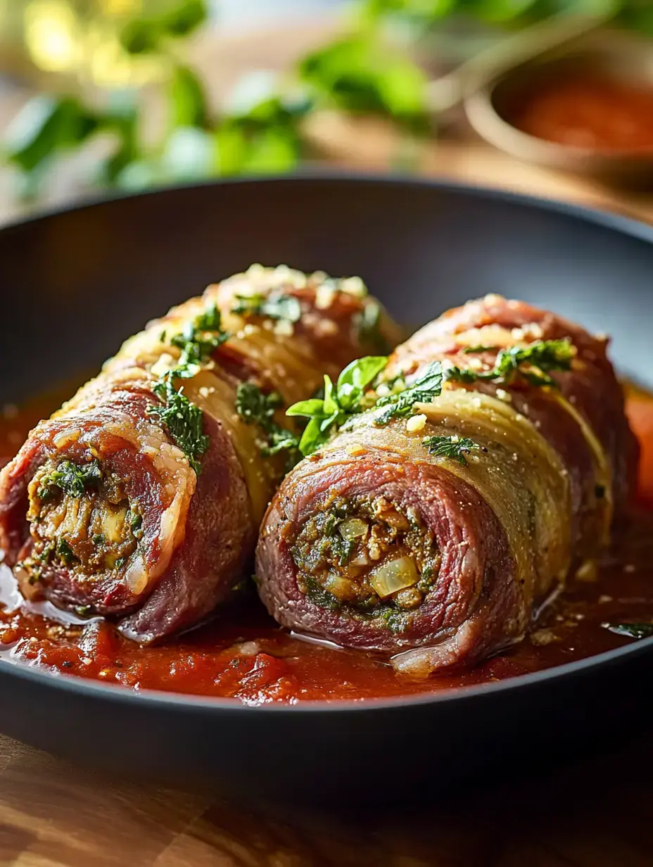 A close-up of two meat rolls filled with herbs and spices, resting in a rich tomato sauce, garnished with fresh greens.