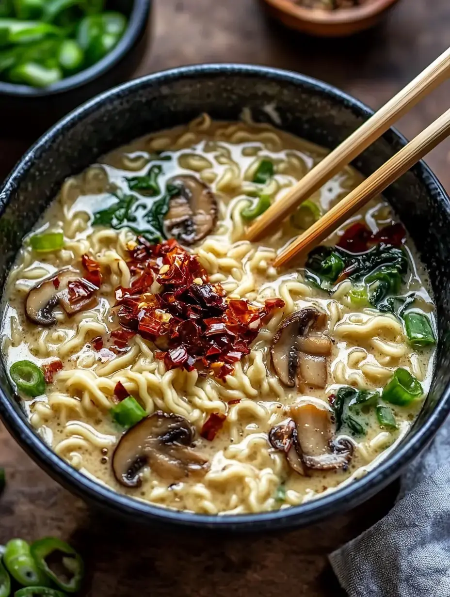 A close-up of a bowl of creamy ramen noodles topped with sliced mushrooms, green onions, and red chili flakes, with chopsticks resting on the side.