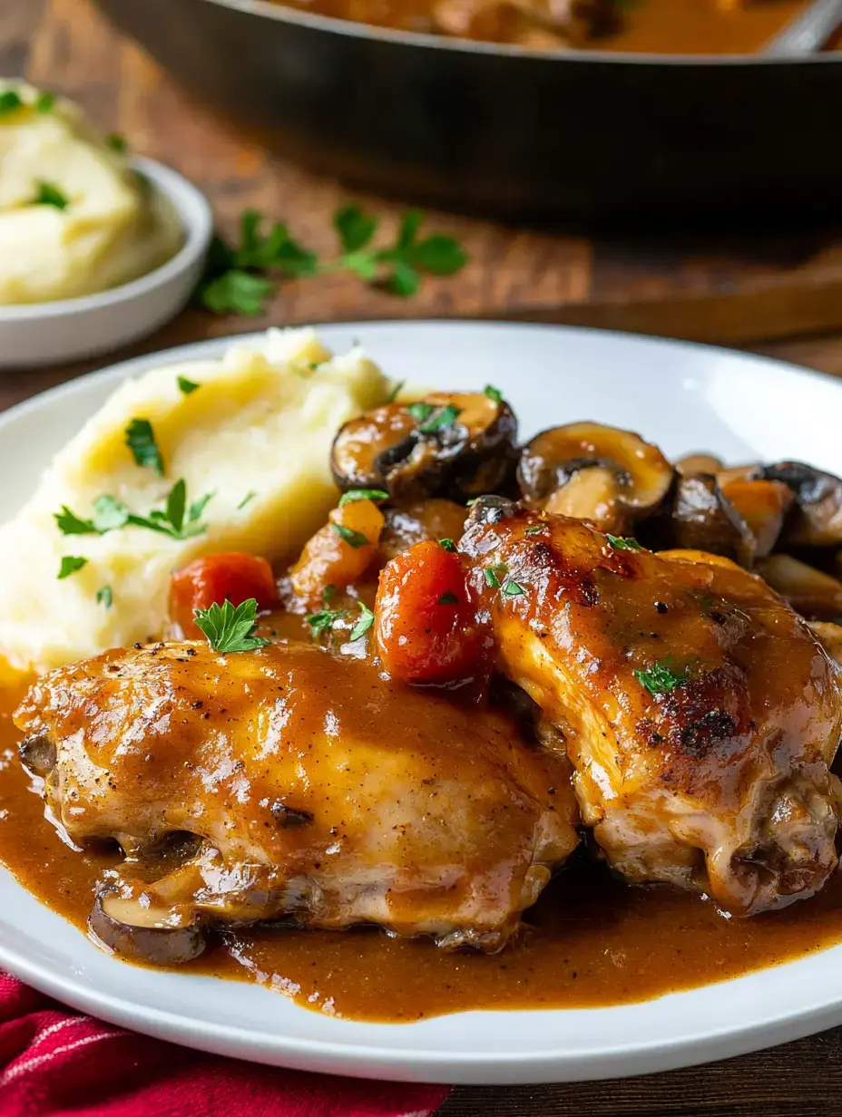 A plate of tender chicken thighs in a rich gravy, accompanied by creamy mashed potatoes and sautéed mushrooms, garnished with parsley.