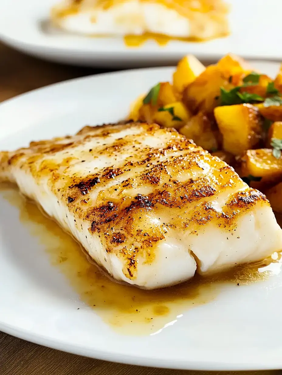 A grilled piece of fish served with a side of diced, sautéed vegetables on a white plate.