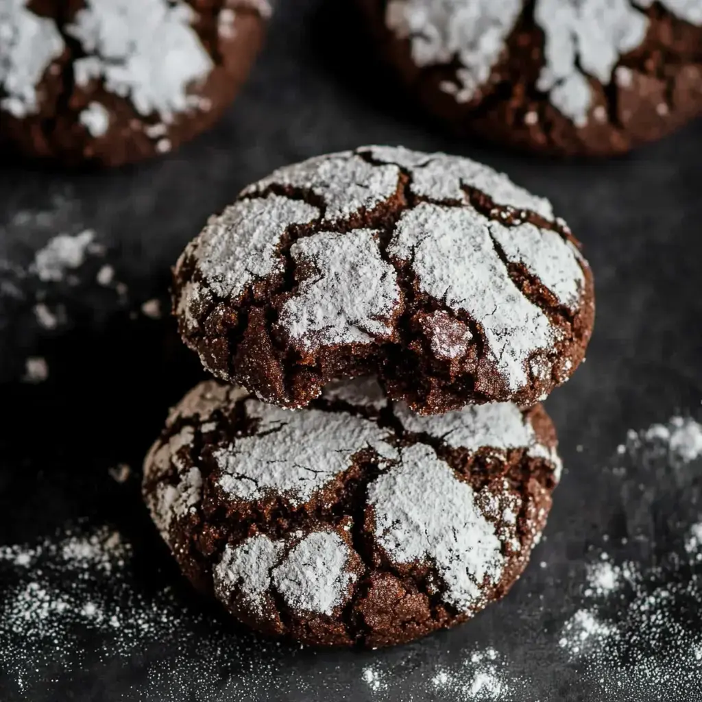 A close-up of two chocolate cookies, one partially bitten, coated in powdered sugar, with crumbs and sugar dust scattered around on a dark surface.