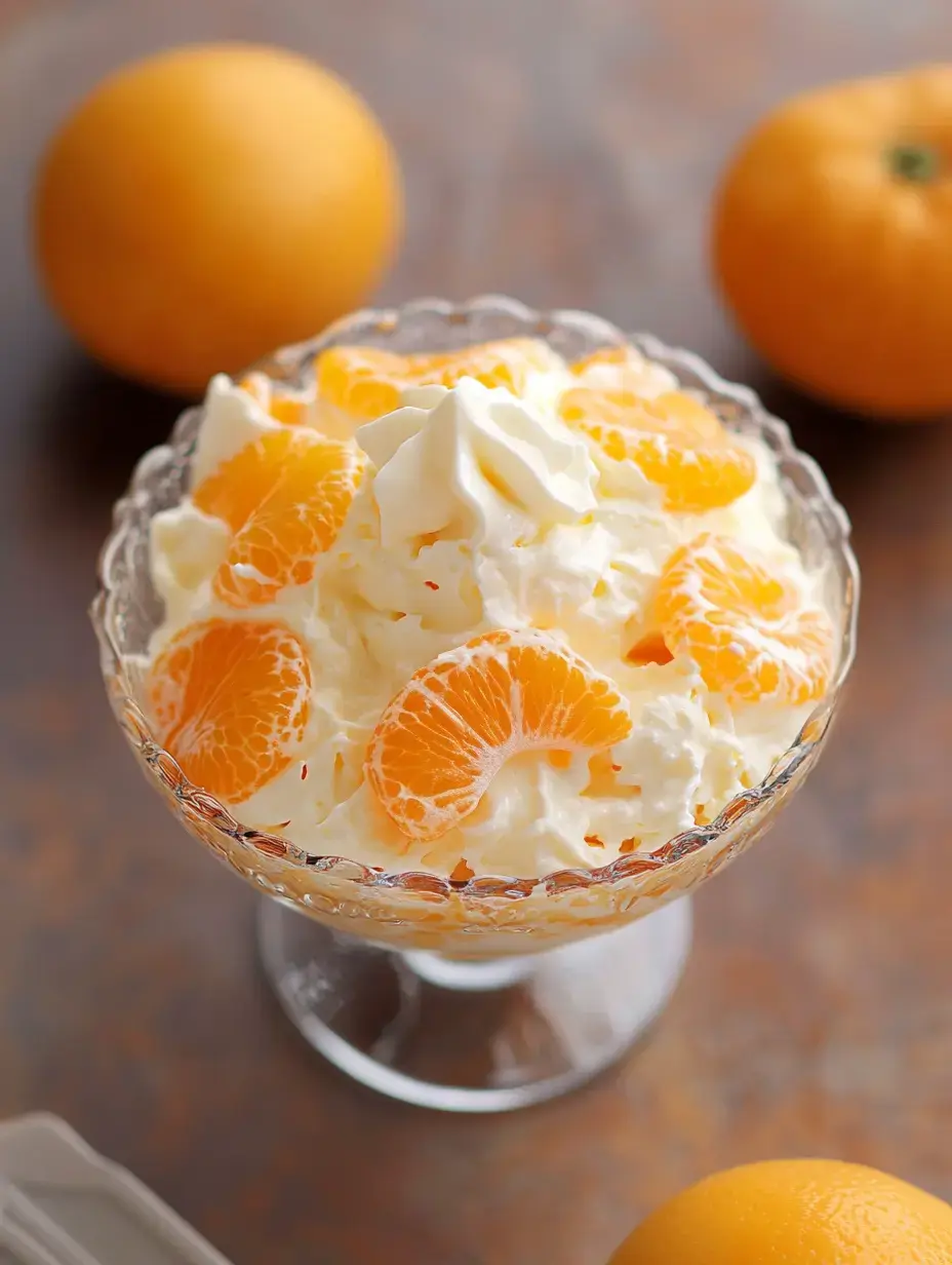 A glass bowl filled with whipped cream and orange segments, surrounded by whole oranges on a wooden surface.