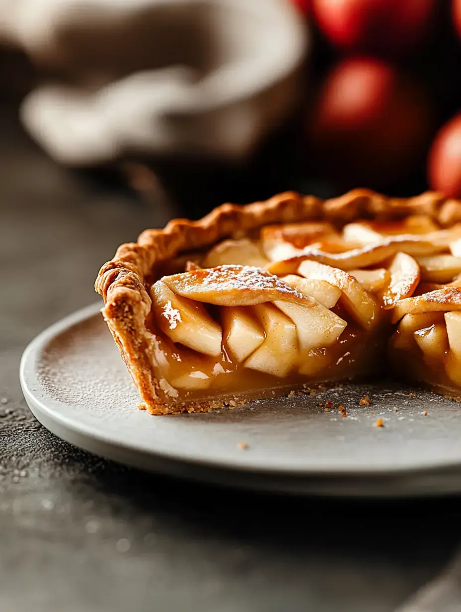 A slice of apple pie on a gray plate, displaying layers of sliced apples and a golden crust, with a blurred background of red apples.