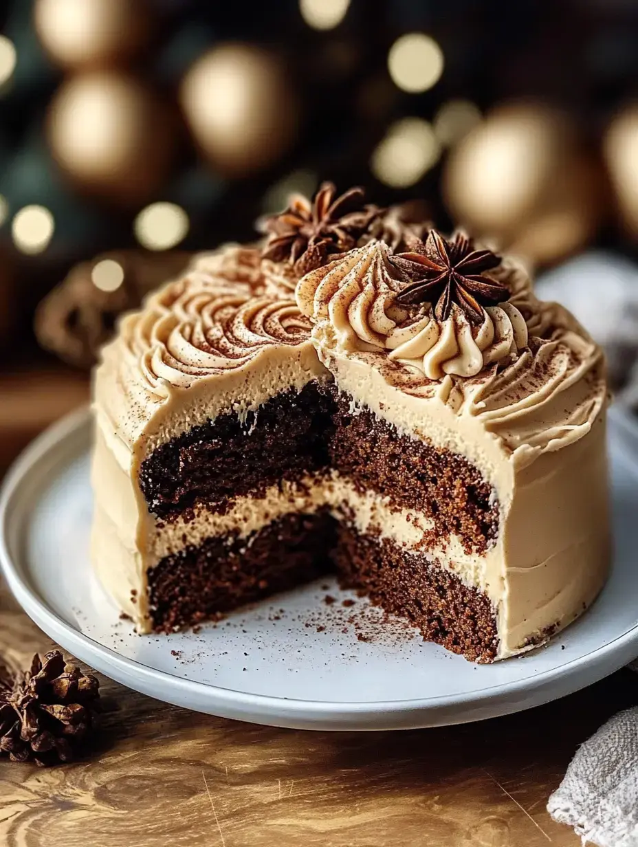 A beautifully decorated chocolate cake with creamy frosting and star anise on top, partially sliced to reveal its layers.