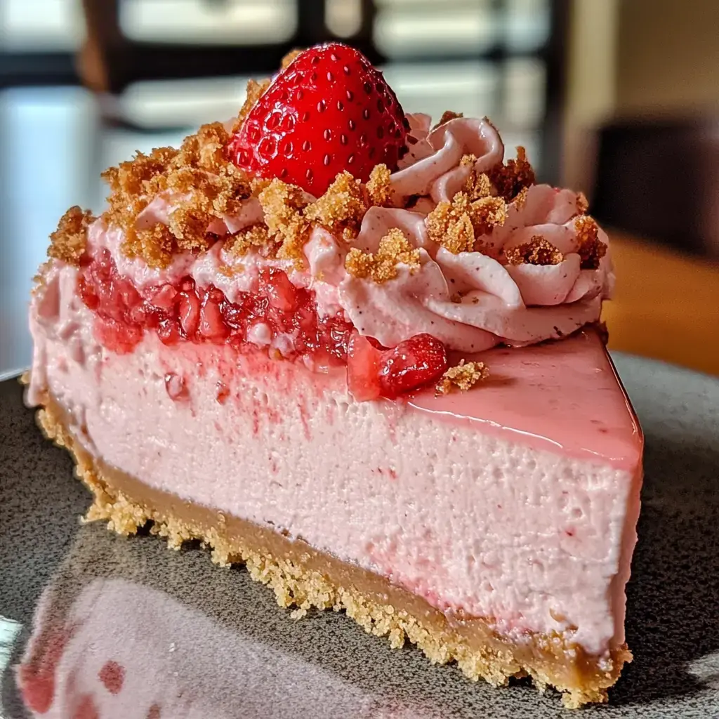 A slice of strawberry cheesecake topped with whipped cream and a fresh strawberry on a gray plate.