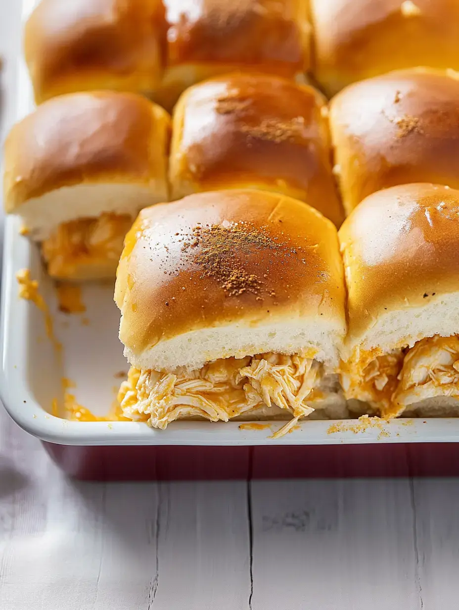 A close-up of a tray of soft, golden-brown sliders filled with shredded chicken and cheese.