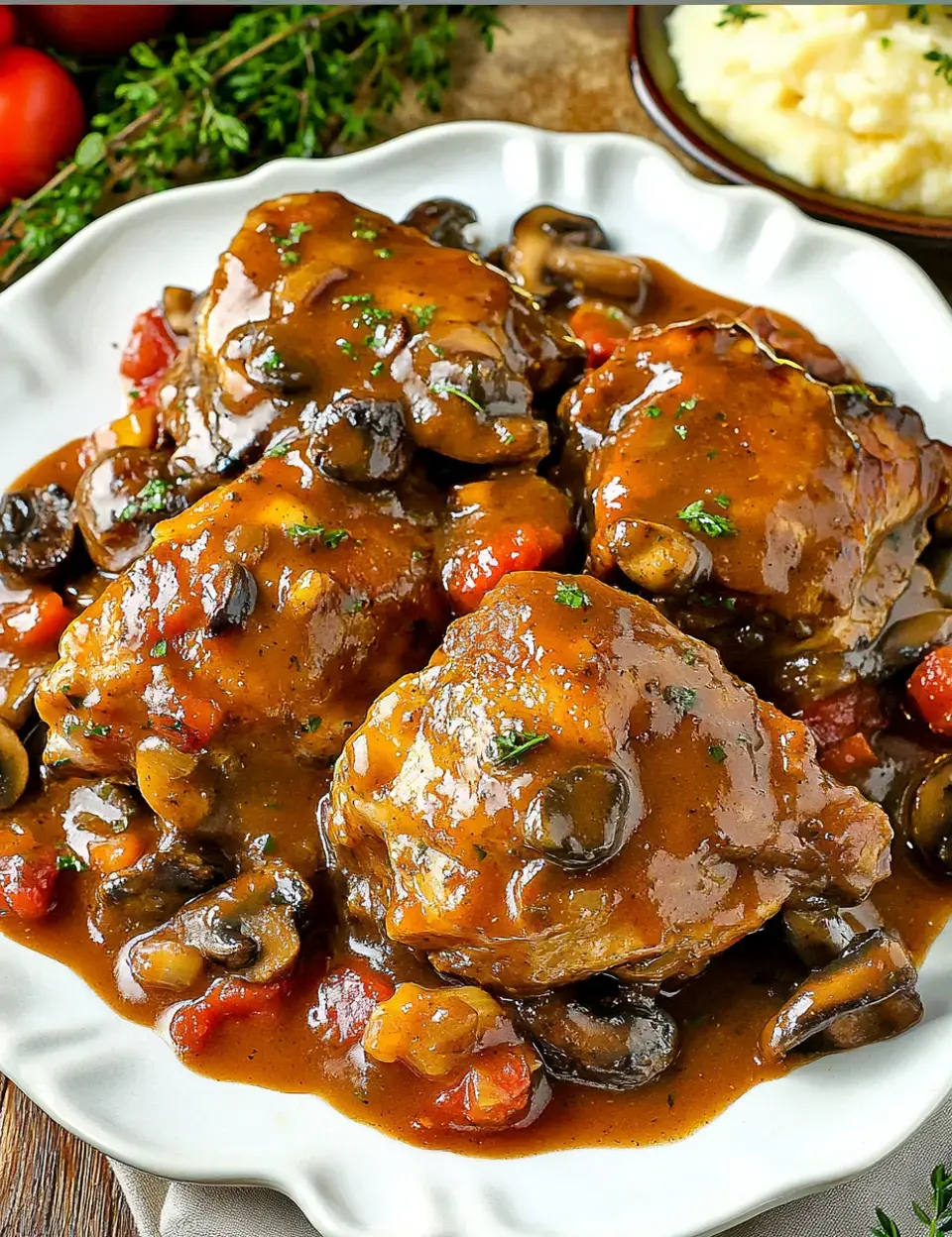 A plate of tender chicken thighs topped with a rich mushroom and tomato sauce, garnished with herbs, alongside a serving of mashed potatoes.