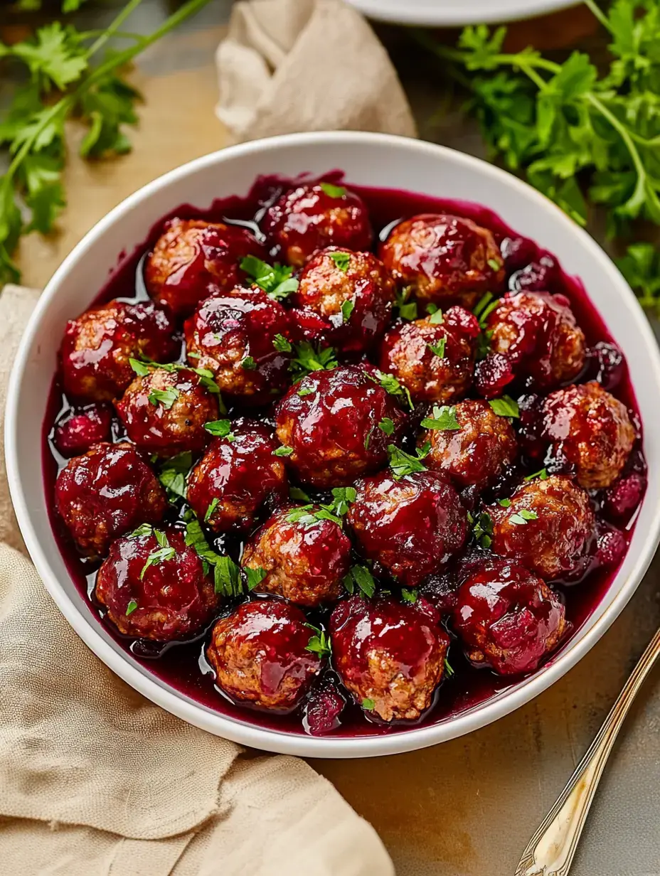 A bowl of meatballs glazed in a rich berry sauce, garnished with fresh parsley.