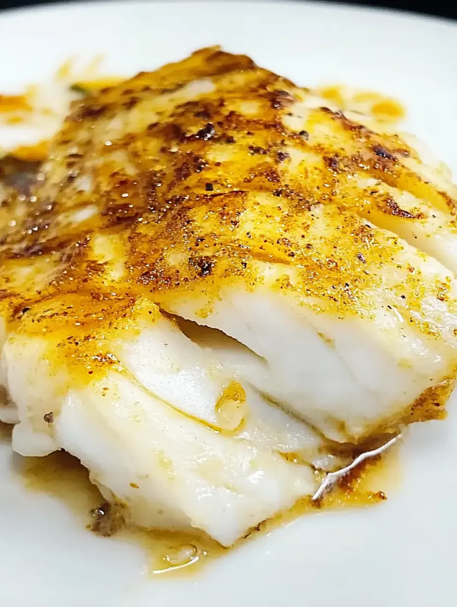 A close-up image of a piece of grilled fish garnished with spices and a light sauce on a white plate.