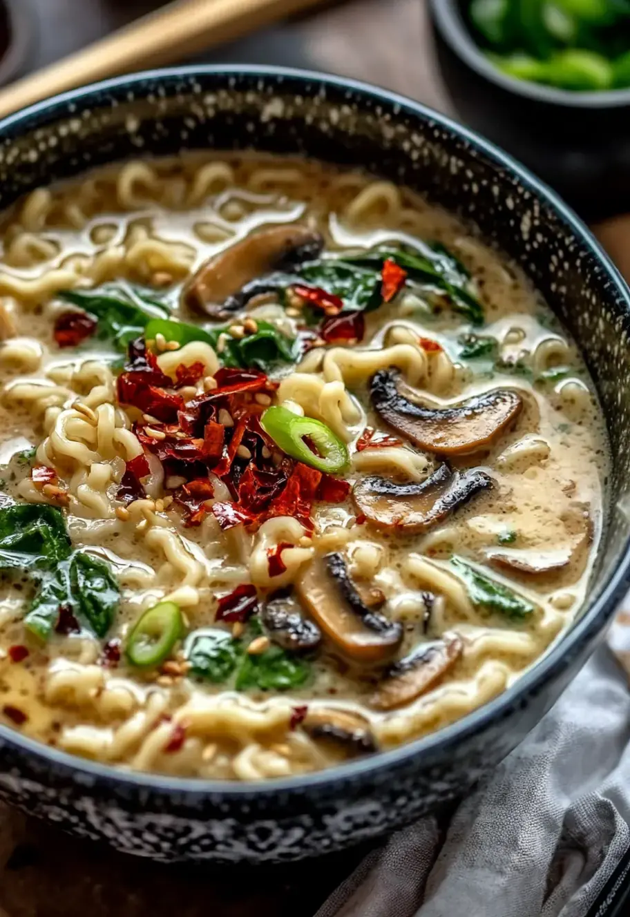 A close-up of a bowl of creamy noodle soup topped with spinach, mushrooms, green onions, and red chili flakes.