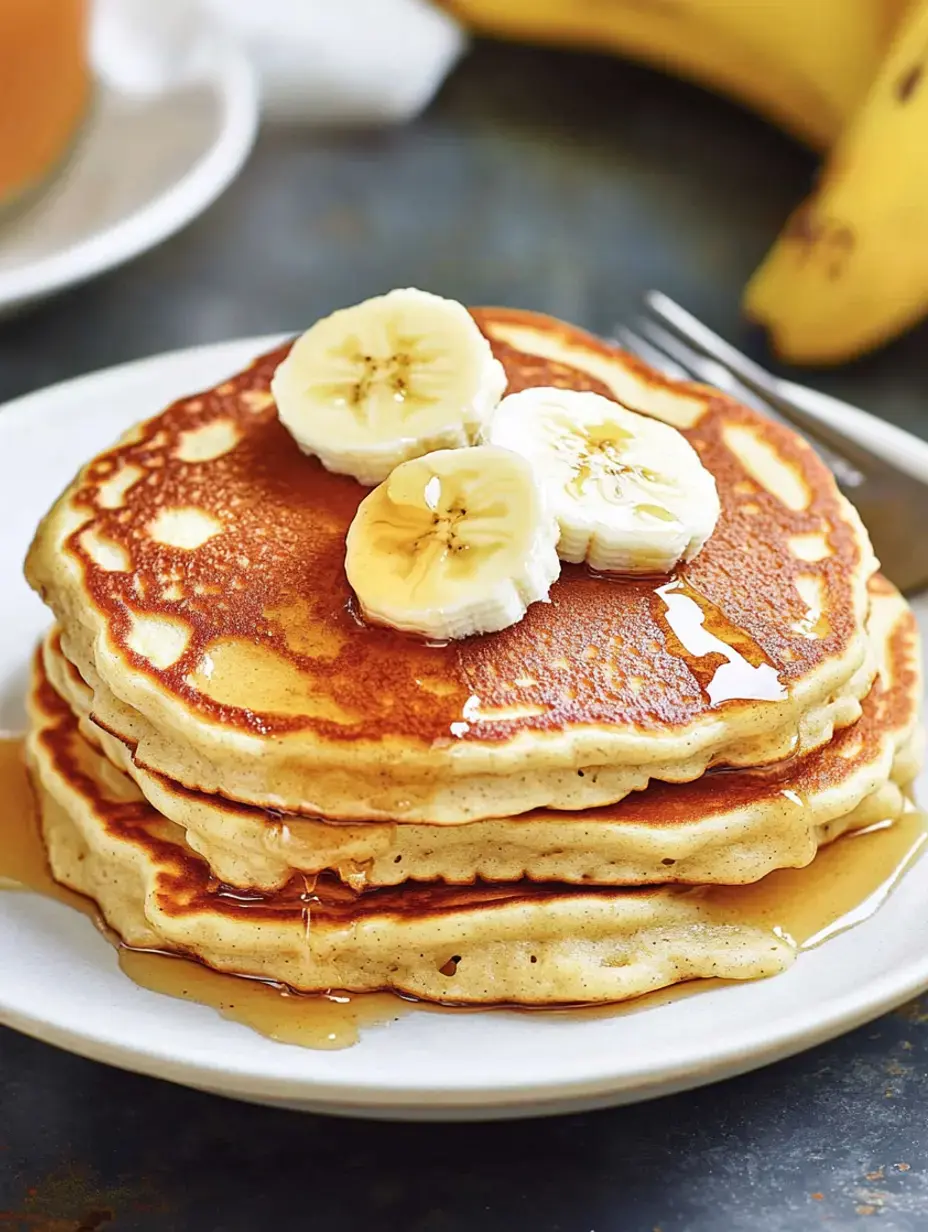 A stack of three golden pancakes topped with sliced bananas and drizzled with syrup on a white plate.