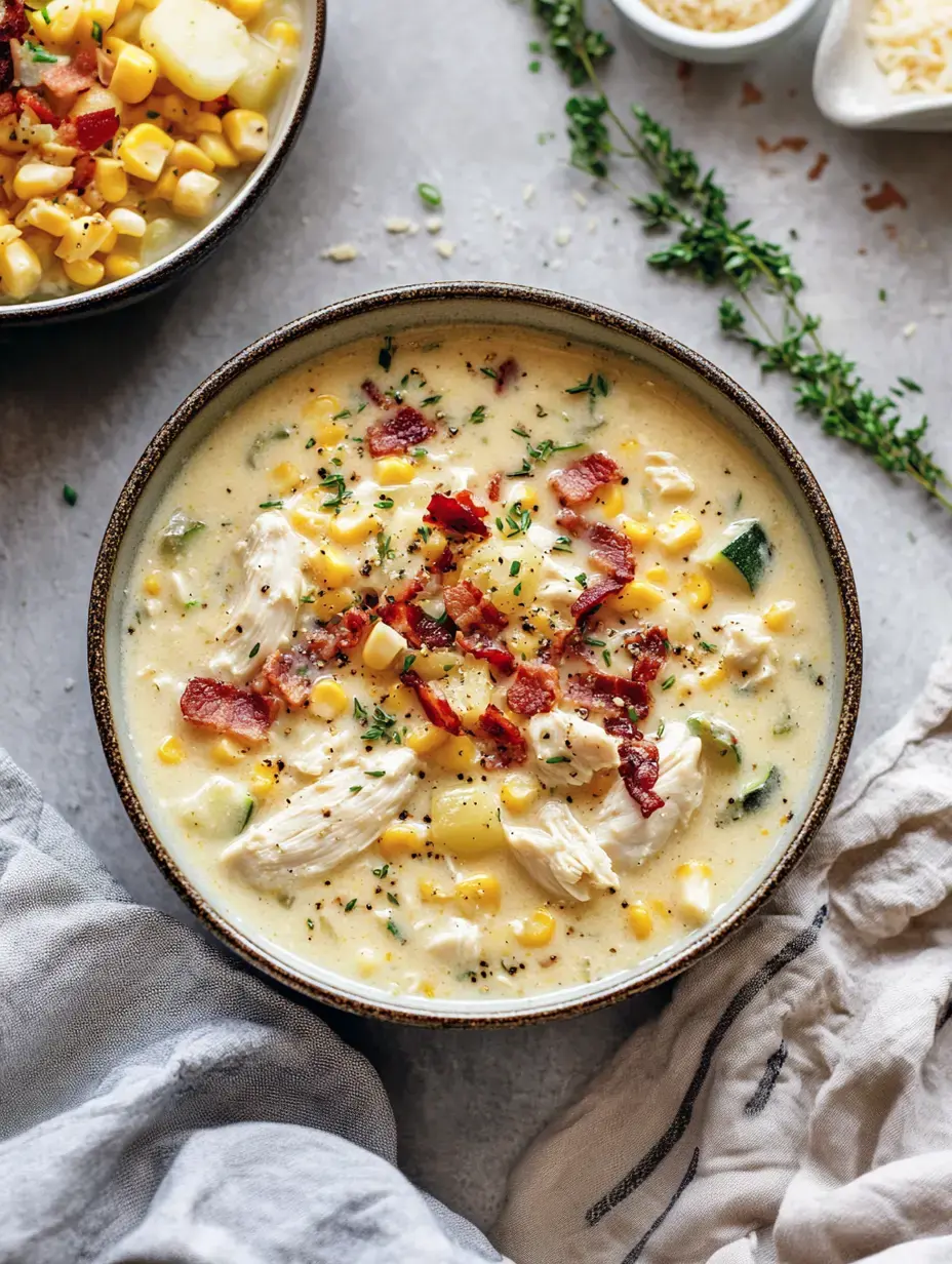 A close-up of a creamy chicken corn chowder garnished with bacon and herbs in a rustic bowl, accompanied by a second bowl of corn and potatoes.