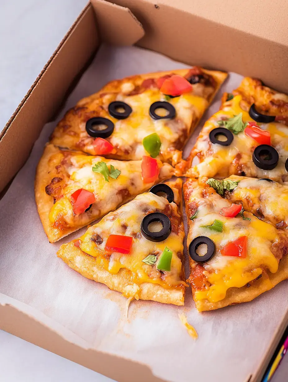 A pizza with melted cheese, black olives, diced tomatoes, and green peppers, served in a cardboard box.