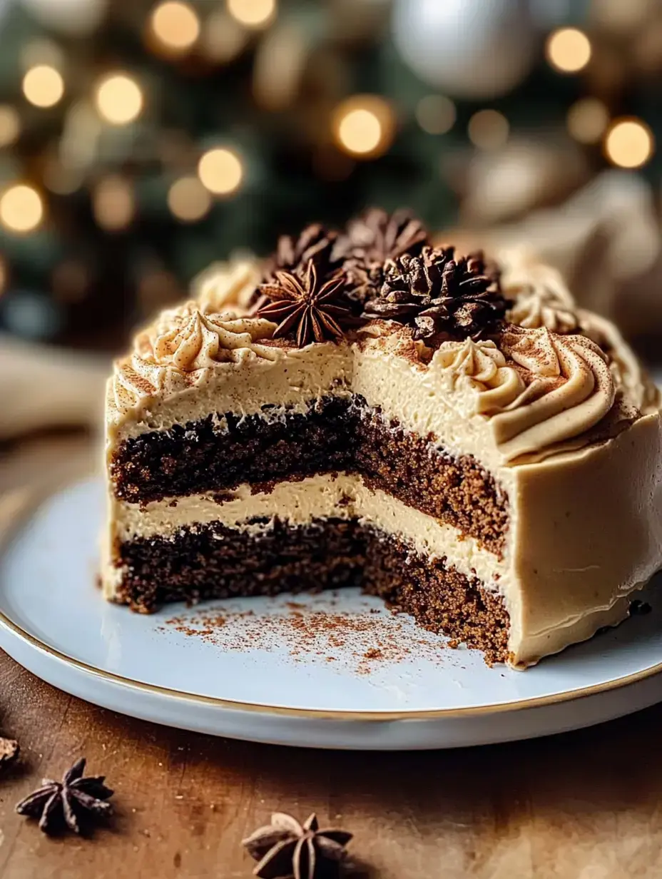 A beautifully decorated chocolate cake on a plate, featuring layers of frosting and topped with pine cone decorations, set against a softly lit, festive background.