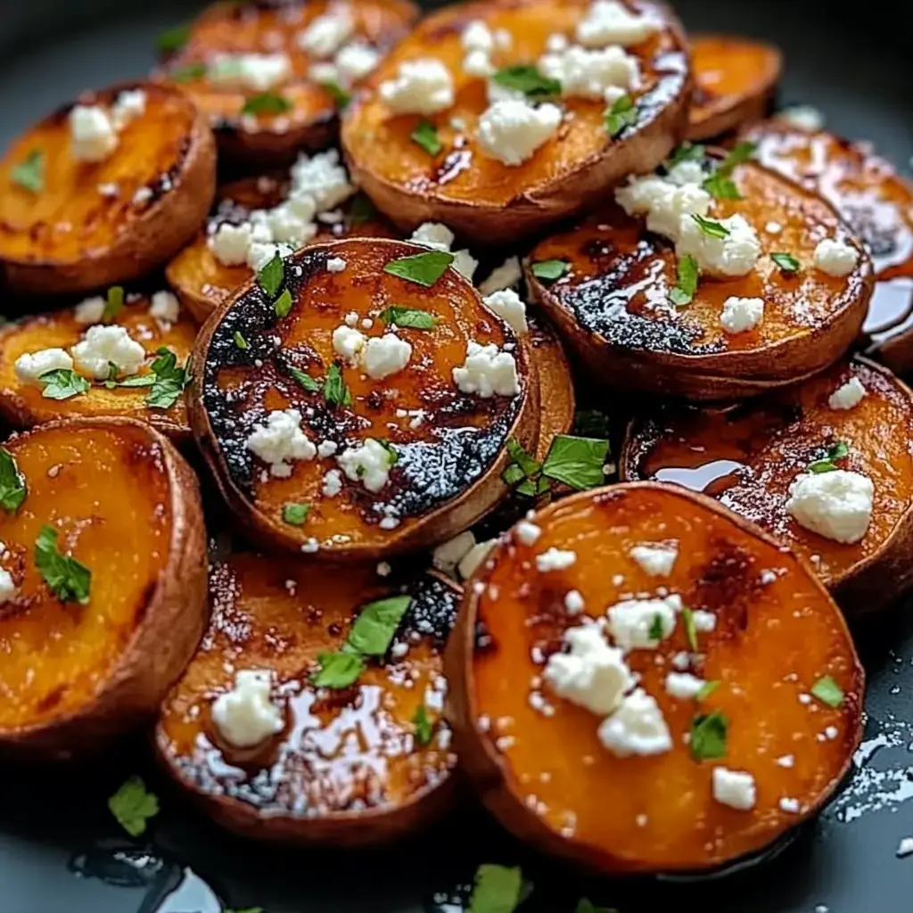 A plate of roasted sweet potato slices topped with crumbled feta cheese and garnished with chopped parsley.