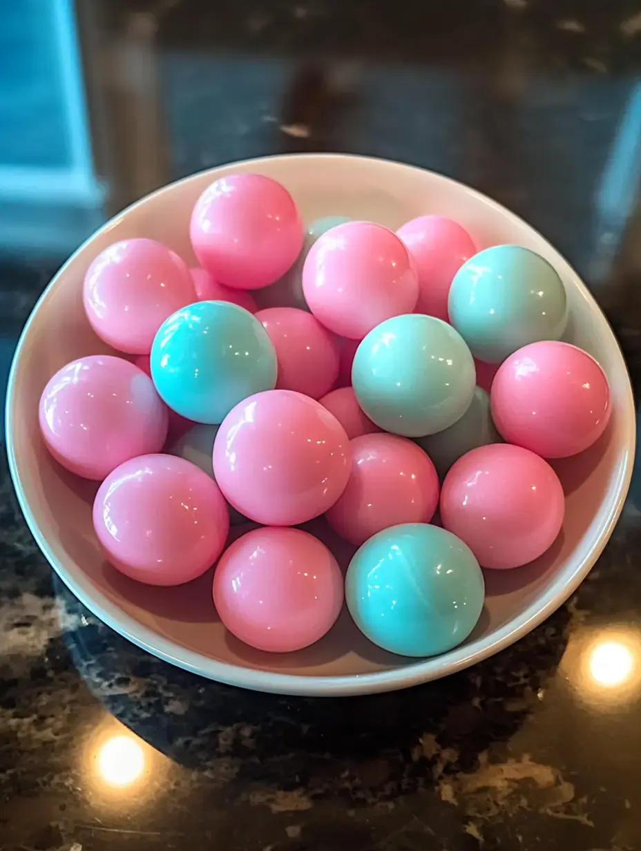 A bowl filled with pink and mint green plastic balls resting on a dark countertop.