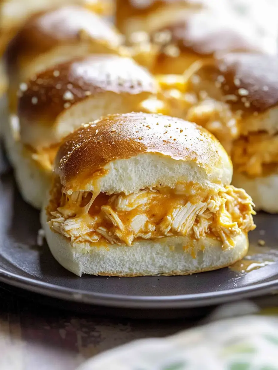 A close-up of a plate featuring fluffy, golden-brown sliders filled with shredded chicken and melted cheese.