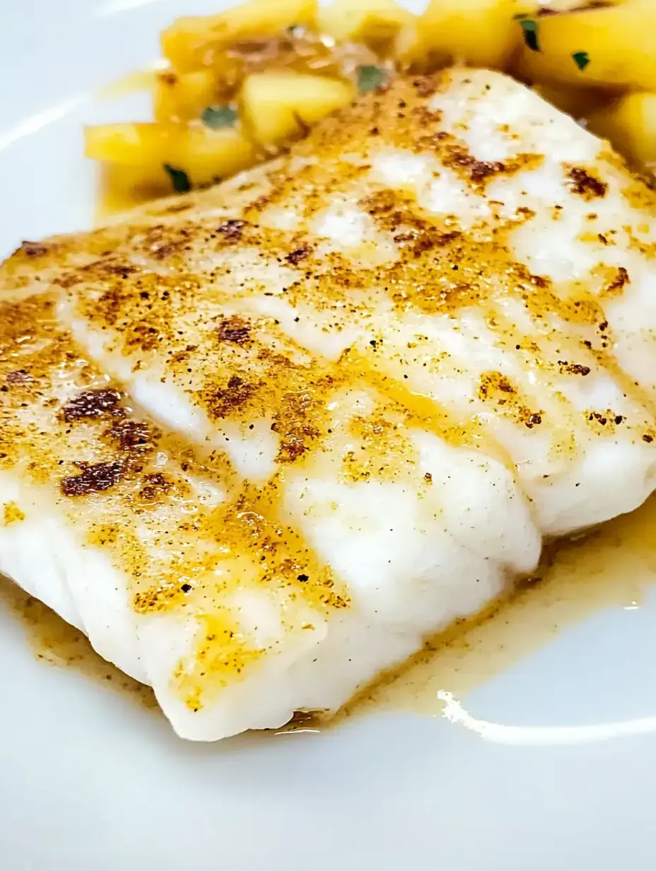 A close-up of a seasoned, cooked piece of fish served with chunks of pineapple in a light sauce.