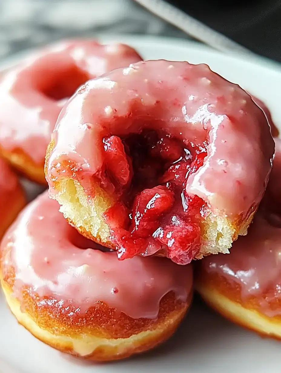 A close-up of glazed donuts, one with a bite taken out, revealing a strawberry filling inside.