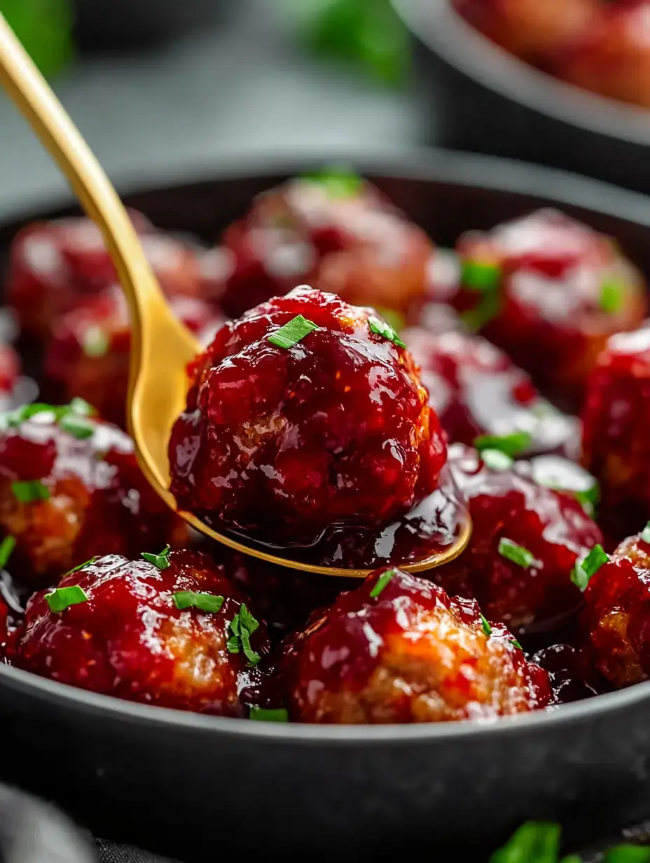 A golden spoon lifts a glazed meatball garnished with chopped chives from a black bowl filled with more meatballs.